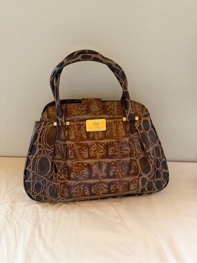 Brahmin Croc-Embossed Satchel in Brown and Dark Brown with Gold Hardware